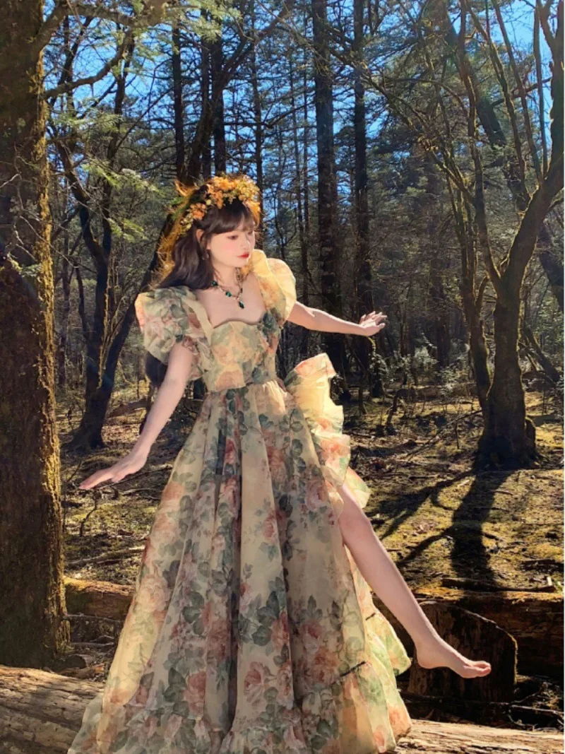 

XUAN PhD Floral Long Fairy Dresses Women 2023 Summer Elegant Party Sweet Princess Dress Female Fashion Korean Split Dress Casual