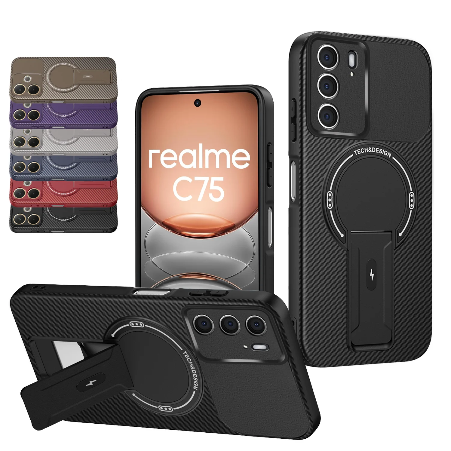 Carbon Fiber Pattern Magnetic Wireless Charging Phone Case with Foldable Stand