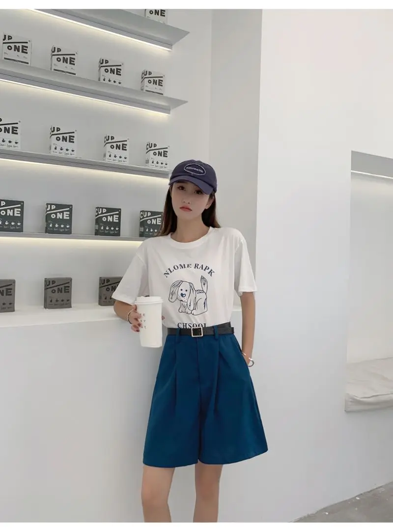 High Waist Straight Solid Blue Color Casual Suit Women's Shorts Clothing 2022 Summer Korean Style Shorts Woman Clothes dolphin shorts