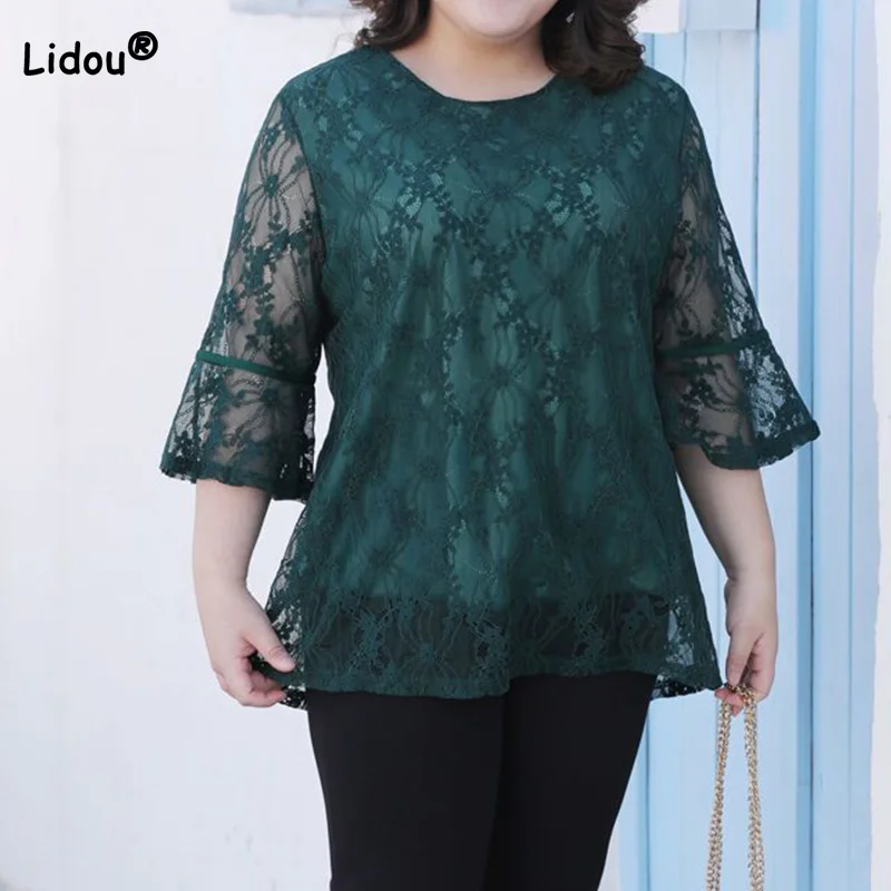 Spring Summer Simplicity Plus Size Hollow Out Women's Top Lace