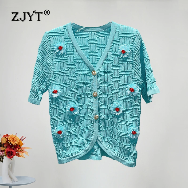 

ZJYT Summer Floral Appliques Sweaters for Women Short Sleeve Knitted Tops Knitwears V Neck Basics Jersey Mujer Korean Fashion