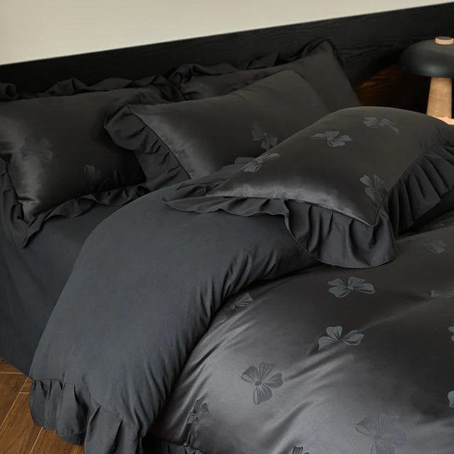 Ensemble de housse de couette 3 pièces noir et blanc (1 * housse de couette + 2 * taie d'oreiller, sans noyau), parure de lit jacquard à nœud papillon 5