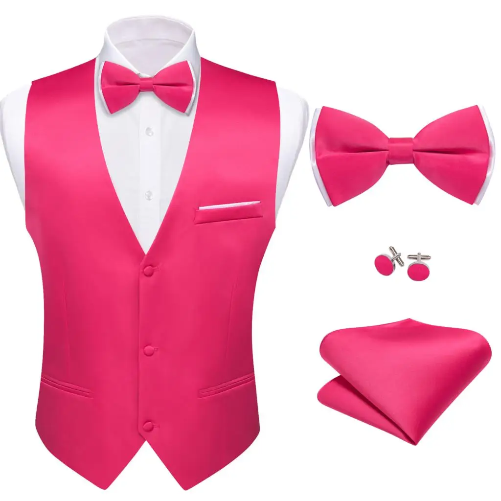 

Vest for Men Wedding Silk Red Solid Plain Waistcoat Bowtie Set Business Party Formal V Neck Male Sleeveless Jacket Barry Wang