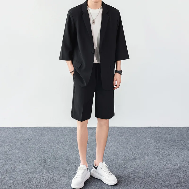 KIDWHXR Sommer Herren-Outfit Dünner Einreihiger Kurzarm-Blazer Gerade Geschnittene Shorts Herren Locker Lässiges 2-teiliges Set