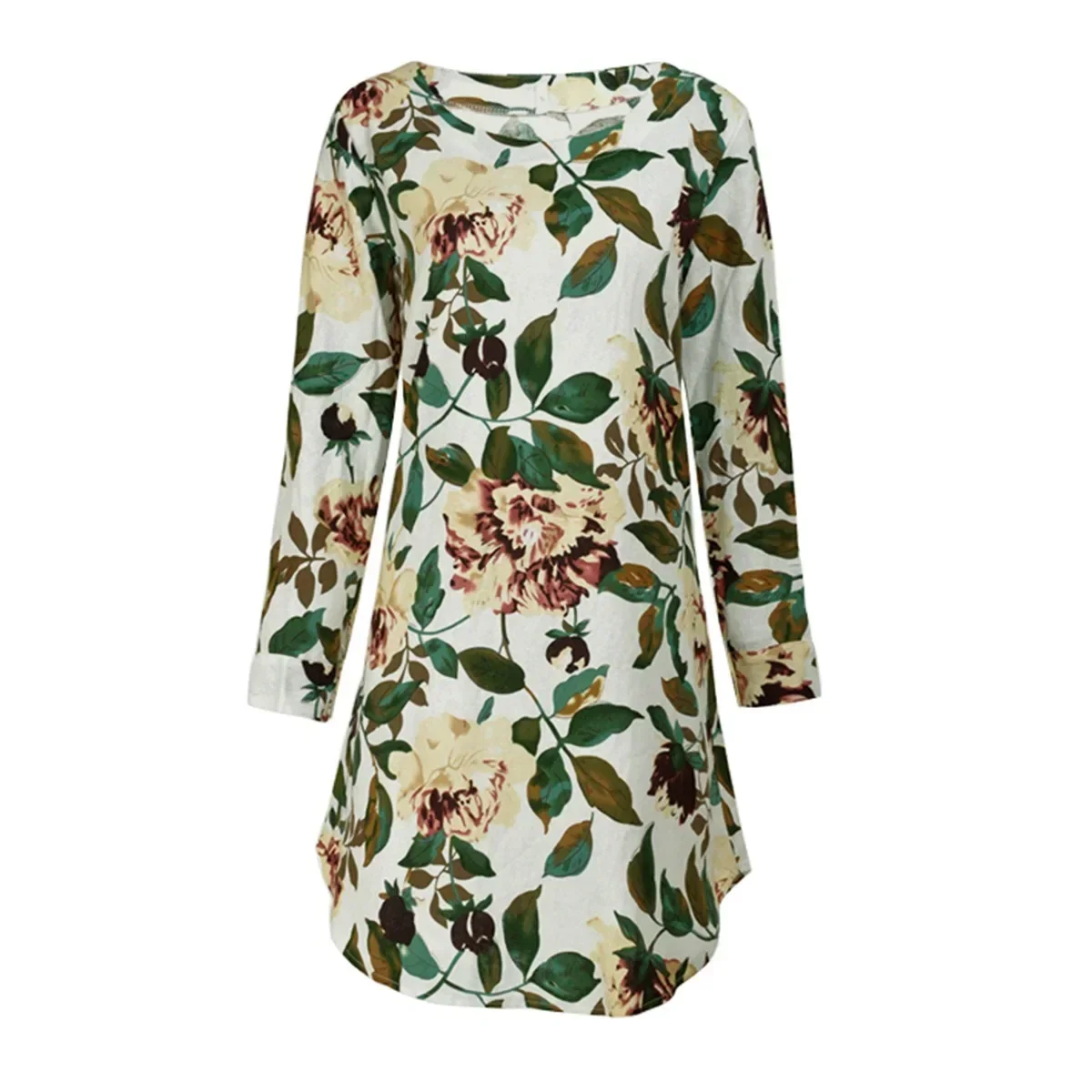 Vintage Elegant Floral Print Women Loose Dress Cotton Linen O-Neck Fashion Ladies Mini Dress Casual Long Sleeve Plus Size Blouse 3