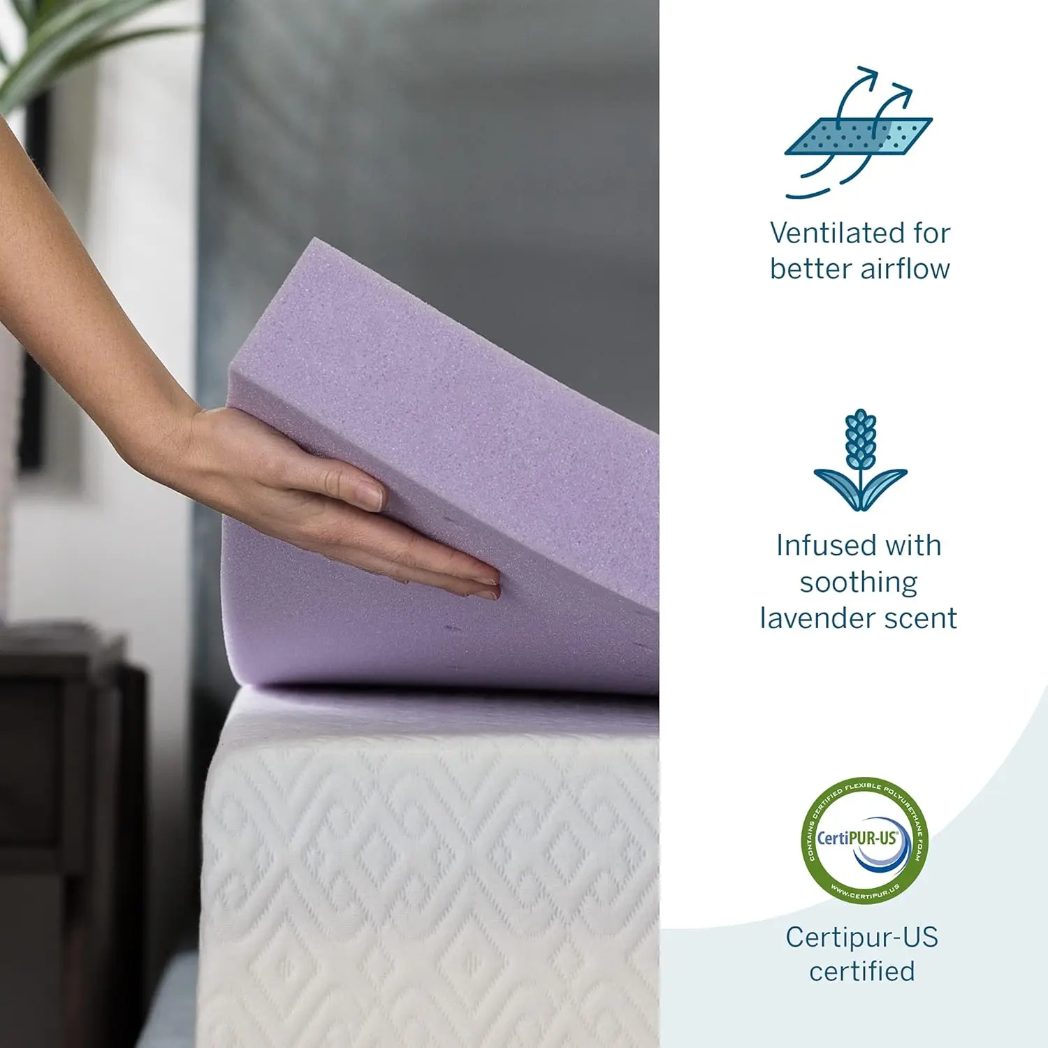 3 Inch Lavender Infused Memory Foam Mattress Topper-Ventilated Design