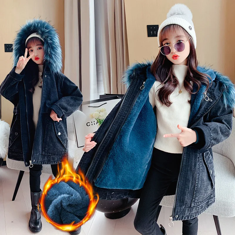 

Girls Winter Jacket Coat Black Denim Warm Plus Velvet Thicken Outerwear Children Hooded Parkas Kids Windproof Overcoat 4 6 8 10Y