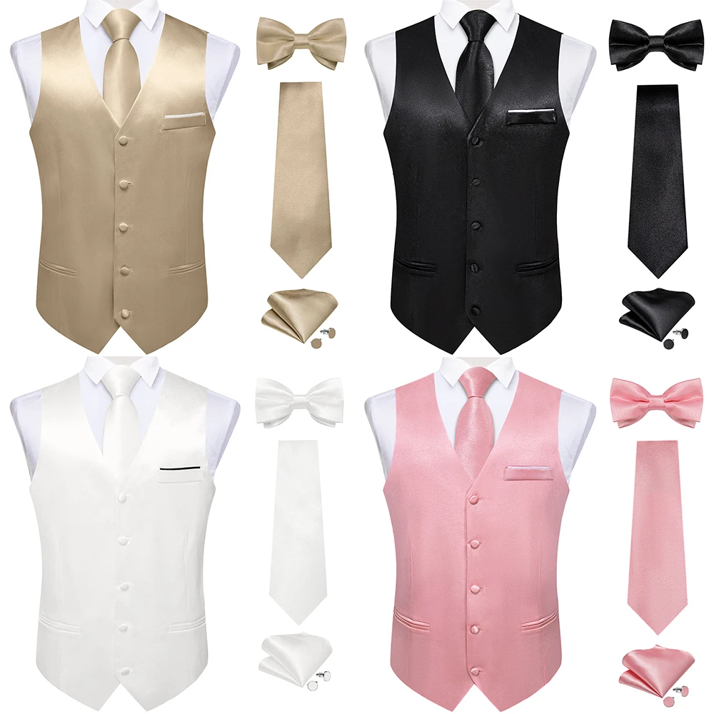 Solid Satin Suit Vest for Men with Necktie Bowtie Pocket Egelant Wedding Prom Silk Waistcoat for Tuxedo Men Clothing