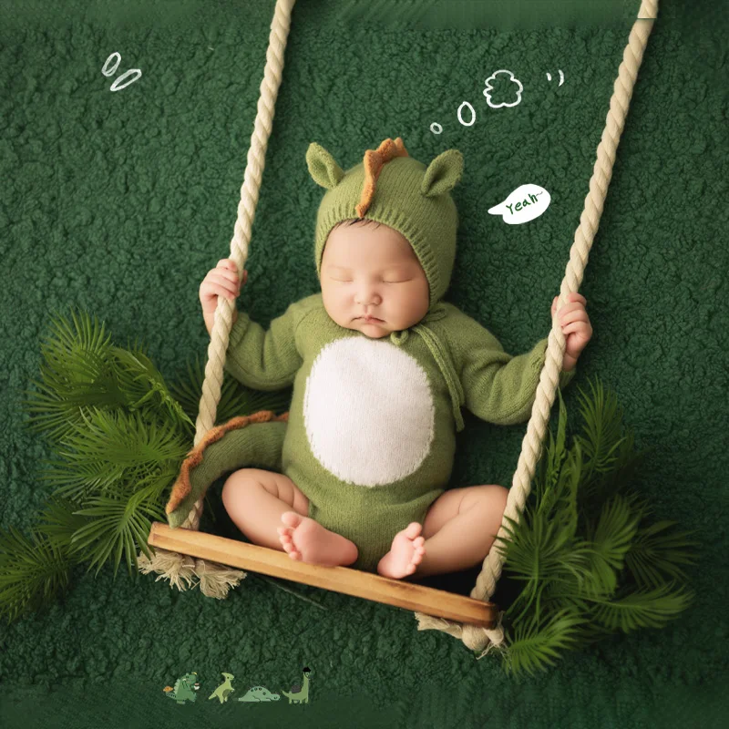 Handmade Knit Dinosaur Hat & Diaper Cover Set - Newborn Photo Shoot Costume Props