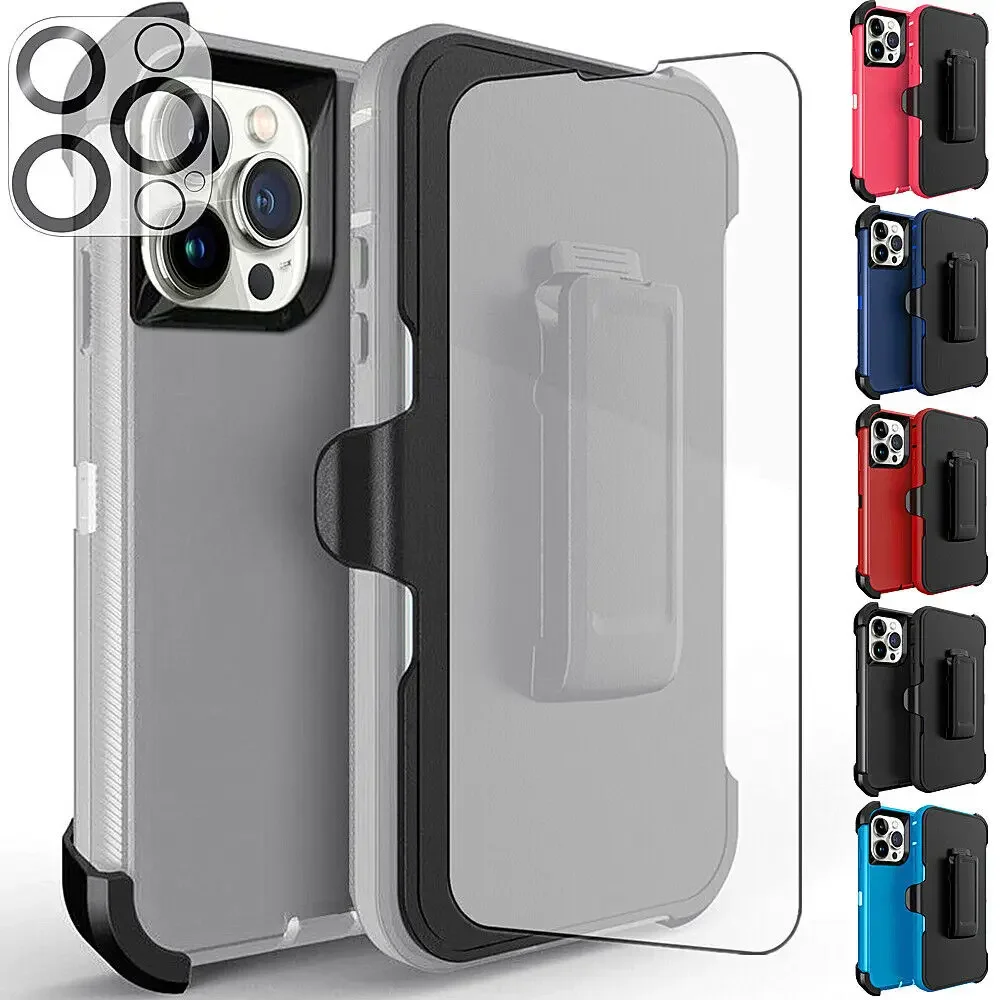 Case For iPhone 11 12 15 Pro Max 14 Plus 13 Mini XR X XS Max Defender Shockproof Hard Cases Cover  W/Clip & Glass Screen Lens