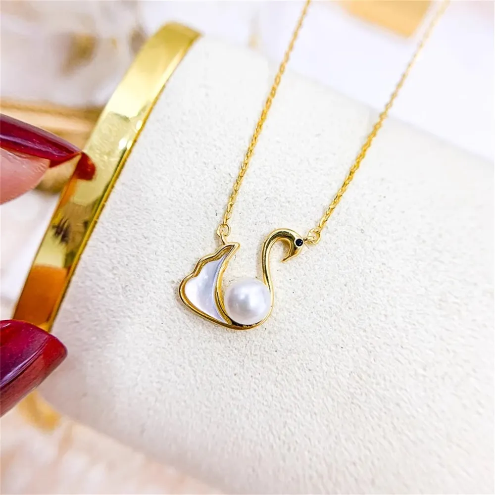

DIY Pearl Accessories S925 Sterling Silver Set Chain Empty Support Swan Pendant with Silver Chain Fit 5-6mm Round Flat Beads