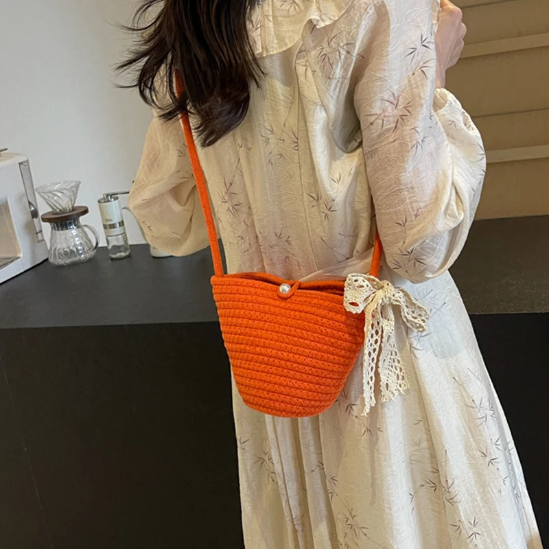 Women's Casual Cotton Woven Handbag Summer Beach Bag Small Shell Weave Shopper Tote with Lace Ribbon Shoulder Crossbody Strap