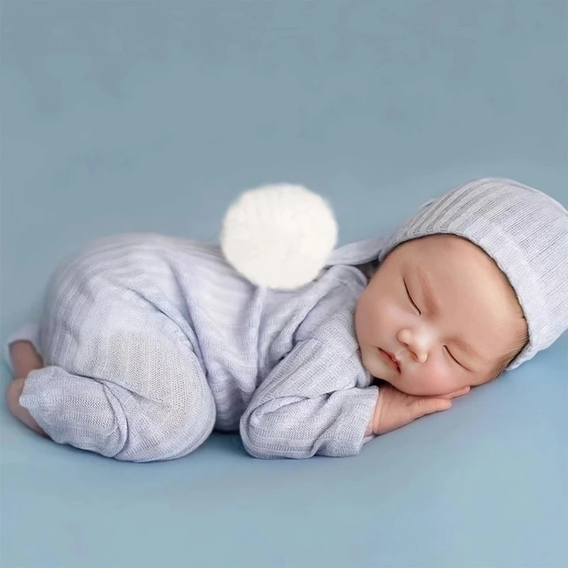 

77HD Safe Newborn Photography Outfit with Knitted Long Tail Hat Bodysuit Unique Newborn Photography Costume Baby Romper