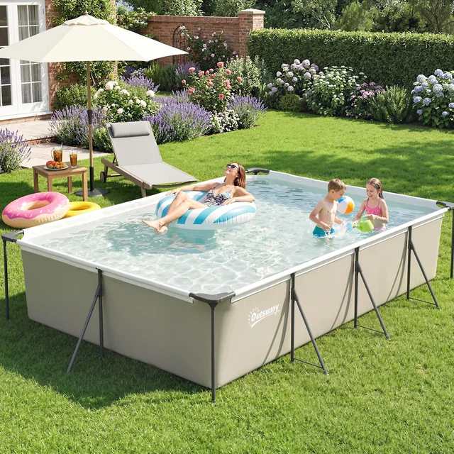 Piscine tubulaire démontable Outsunny 394,5 x 208,3 x 80,5 cm 6075 L, piscine rectangulaire avec structure métallique stable, patch de réparation, pompe filtrante non incluse pour 4 à 6 personnes, jardin, extérieur, gris 1