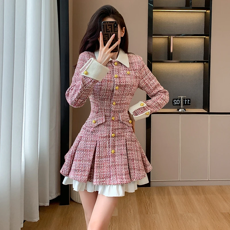 

Pink Tweed Dress Women Elegant Luxury Fall Winter New Long Sleeve A-line Pleated Dress Korean Chic Gold Button White Neck Dress