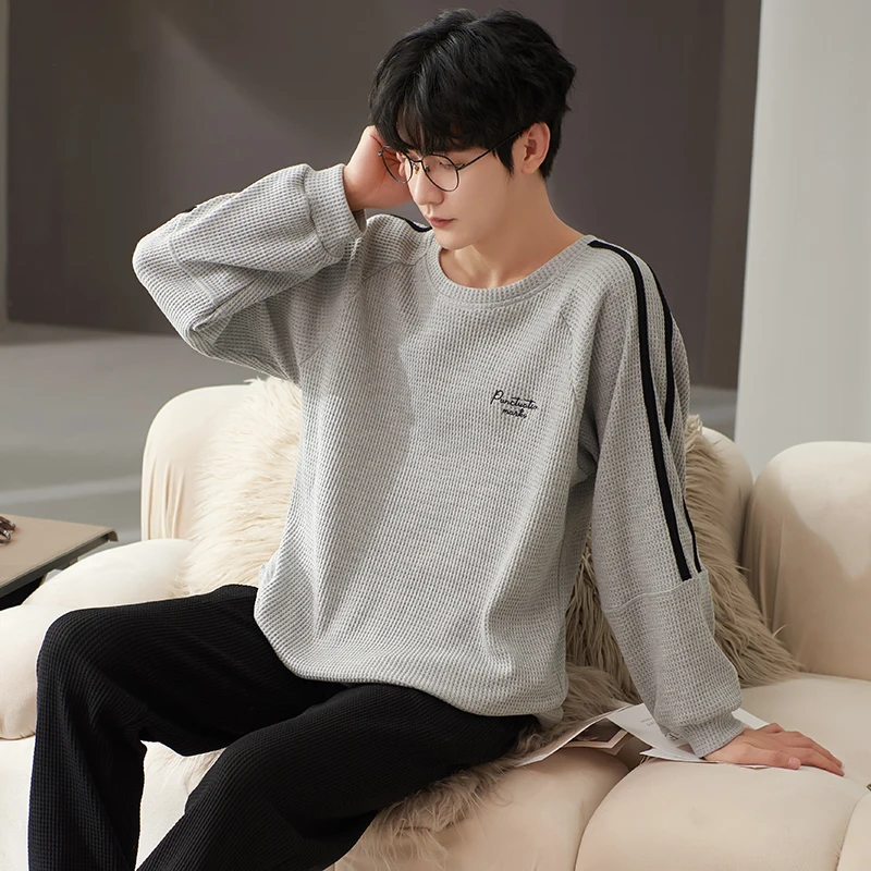 Mens Pajamas Solid Color Casual Soft Sleepwear Cartoon Breath Pajama Sets Sleep&Lounge Pyjamas Spring Autumn Comfort Homewear