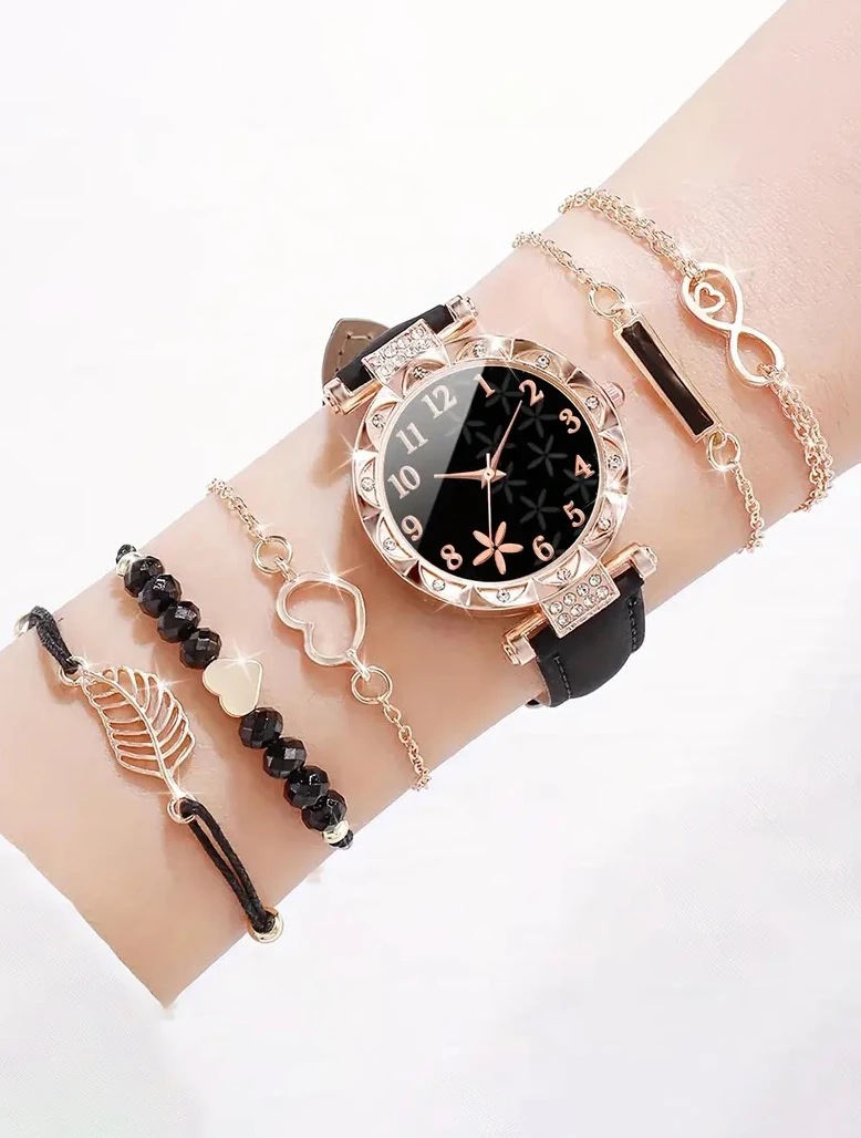 6PCS elegant black leaf plant print ladies quartz watch with black feather Love bracelet set selected gift 2