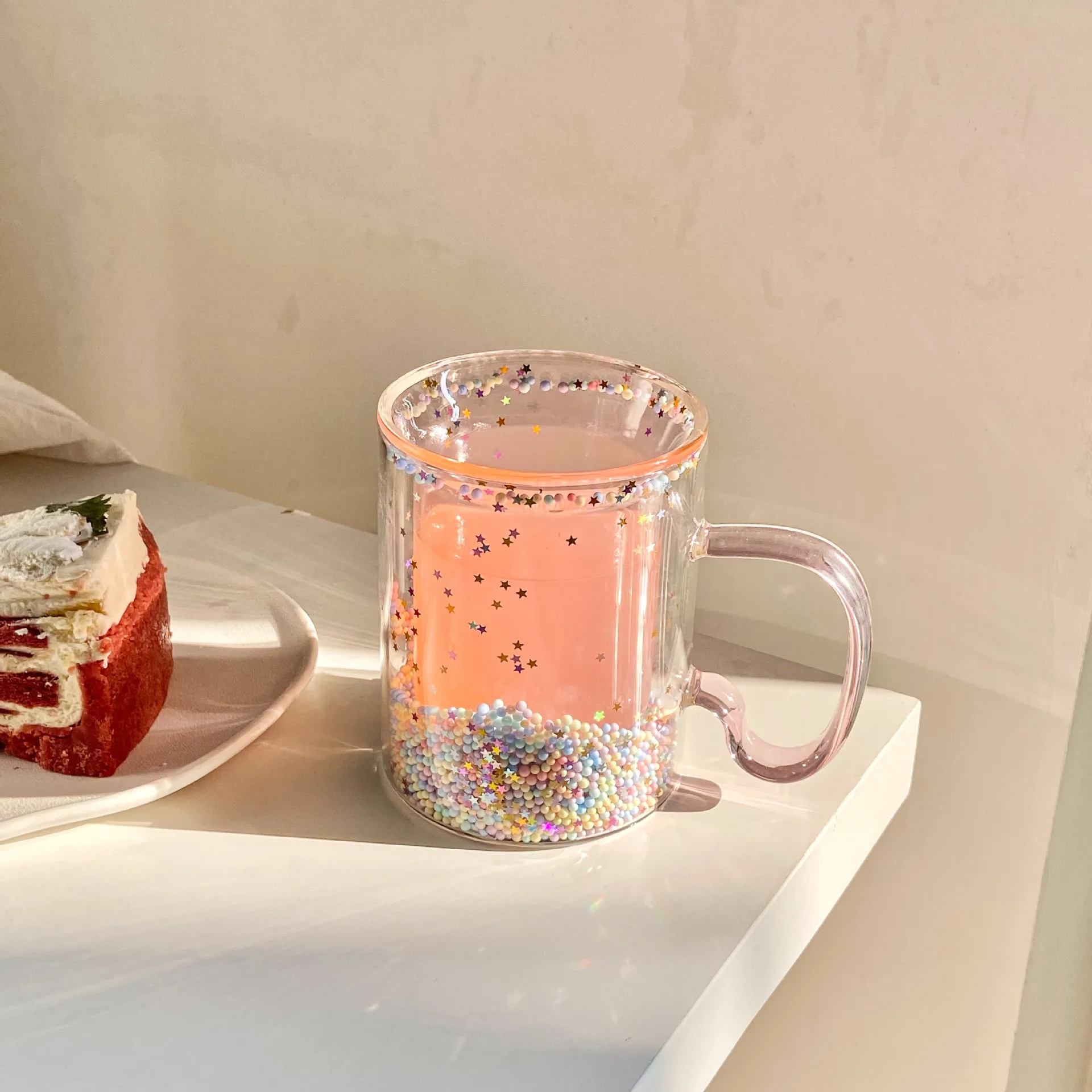 Girly Heart Bubble Mug Double Glass Cup Star Sequin Double Coffee Milk Cup Resistant Tropical Handle Gift Small Gift