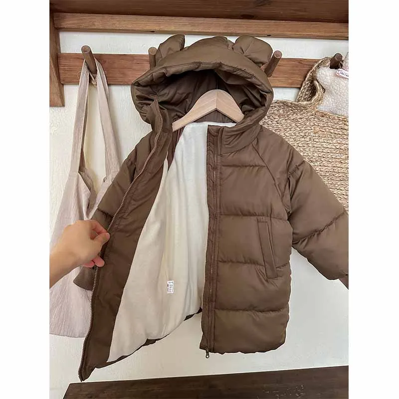 Girls Winter Coat Boys Padded Thickened Warm Long Outerwear Children Solid Color Hooded New Clothes Jacket 2-8 Years Old