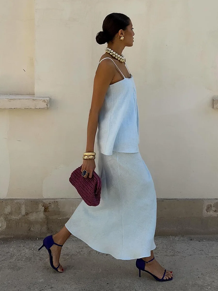 Bornladies 2026 Spring Summer New Cotton Women's Cami Skirt Set Elegant Lazy Cami Mermaid Maxi Skirt Two-Piece Outfit