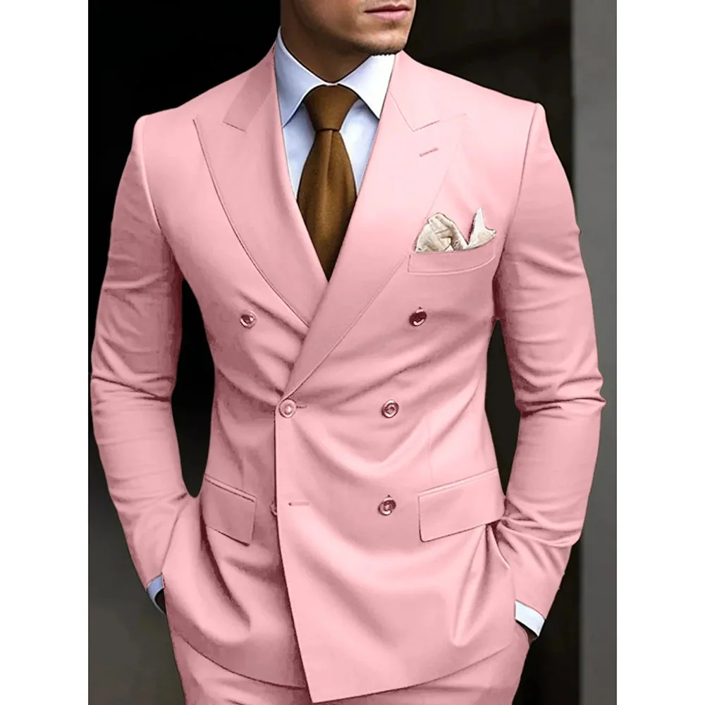 Double Breasted Men Suits Solid Color Peak Lapel Skinny 2 Piece Jacket Pants Formal Weddding Groom Full Set Blazer Homme Terno 3