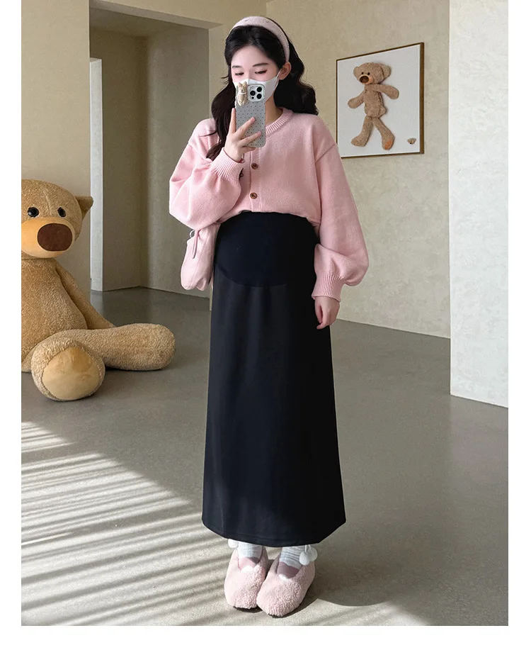 출산복 봄 가을 달콤하고 귀여운 꽃무늬 랜턴 슬리브 라운드넥 가디건 임산부 스웨터와 미디 스커트 투피스 세트