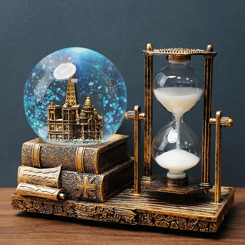 Vintage Iron Tower Hourglass Timer Crystal Ball Music Box Luminous Desktop Decoration Student Graduation Christmas Gift