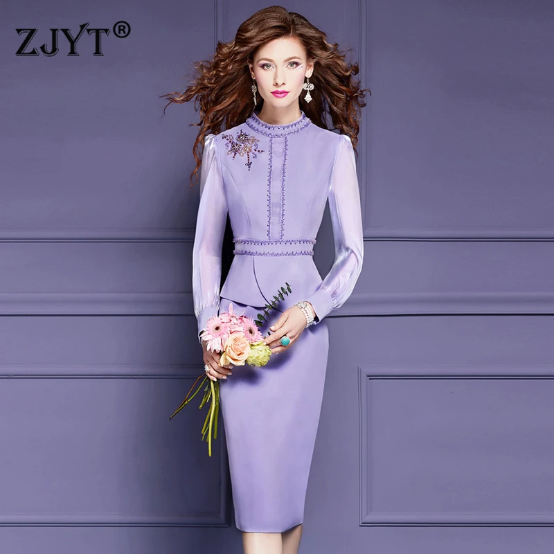 

ZJYT Luxury Beading Purple Dress Women Long Sleeve Pencil Formal Party Dresses Elegant Knee Length Plus Size Clothes 2024 Spring