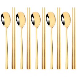 Elegant Stainless Steel Cutlery and Chopsticks Set - 10-Piece Dinnerware Collection (Gold)