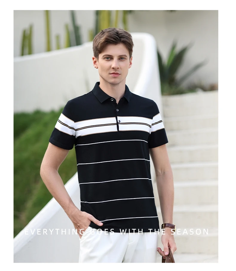 Summer men's polo shirt pure cotton short sleeved T-shirt thin striped business casual breathable wrinkle resistant top 25 S7695e3fcec0349e1afdf858e3ffe00b20