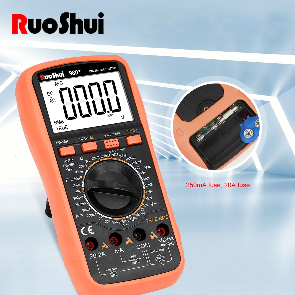 RuoShui Brand Digital Multimeter 20000 Counts Voltmeter Ohm Volt Amp Tester with Backlight LCD Display Test Leads