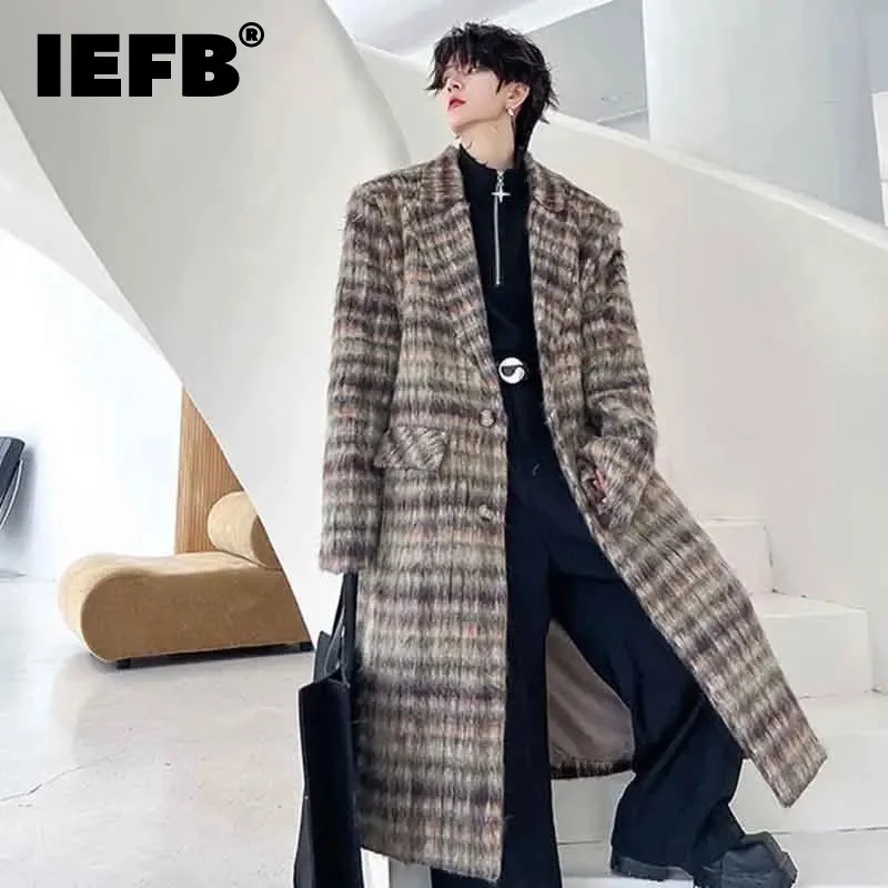 

IEFB Autumn Winter Checker Woolen Long Coat Fashion Men's Clothing Single Breasted Trend Male Mid Length Wool Overcoat 9C2868