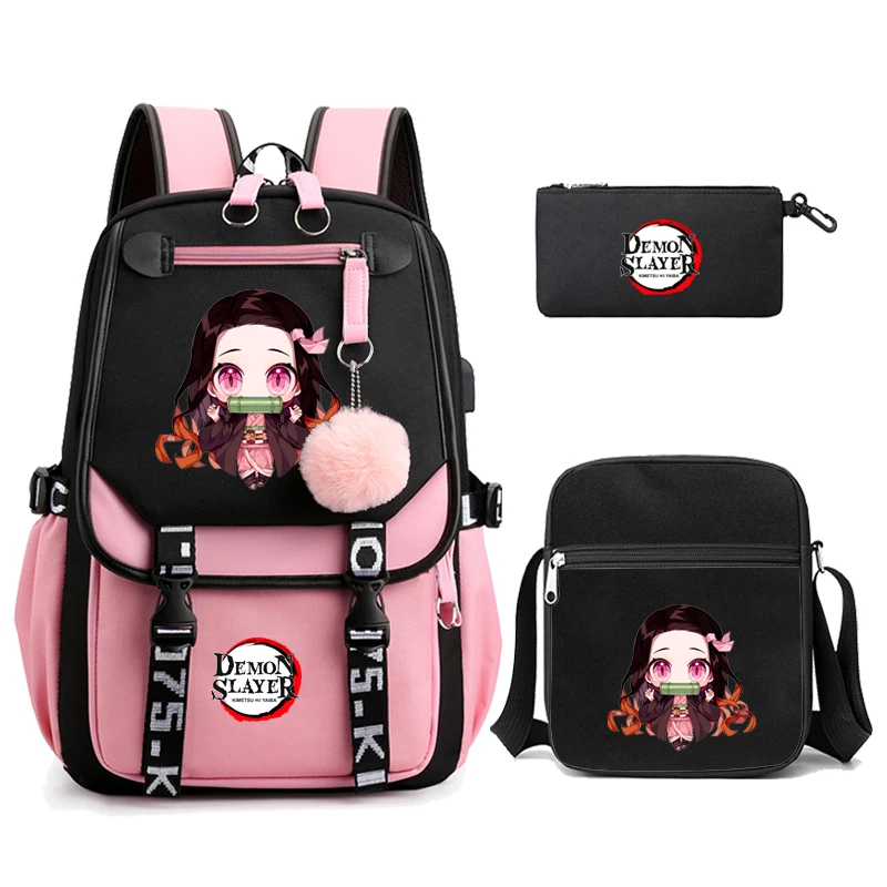 Conjunto de mochilas de Demon Slayer para niñas, Bolsa Escolar de Anime, mochila para portátil de lona para adolescentes y estudiantes, 3 piezas, Kamado Nezuko