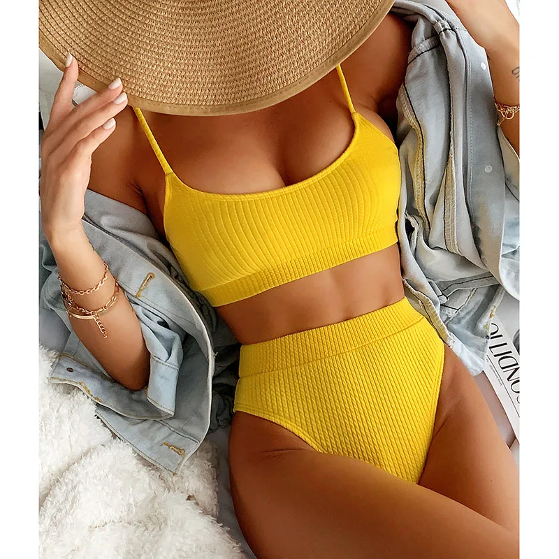 

Sexy Solid Ribbed Sling Bathing Suits Summer Triangle Bikini Swimwear Beachwear Sets High Waist Bikinis Swimsuit Women Push Up