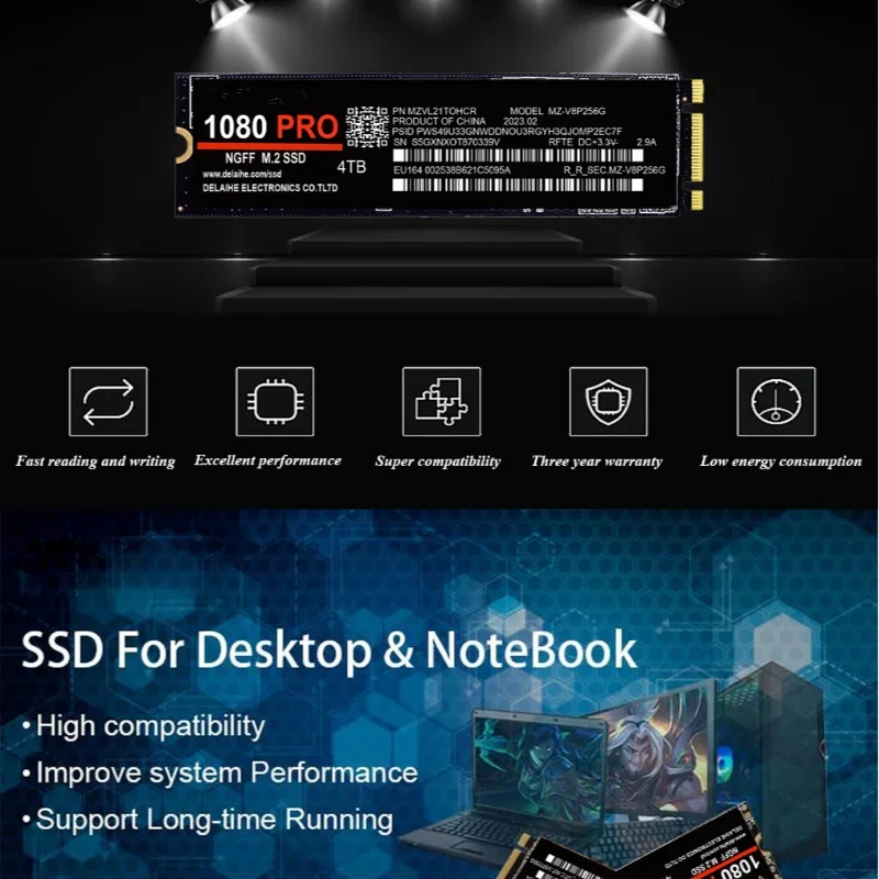 데스크탑 PS5 게이밍 PC용 오리지널 내장 하드 드라이브, 솔리드 스테이트 하드 디스크, NVME 2.0 Pcie 4TB NGFF M.2 SSD 게임, 1080PRO