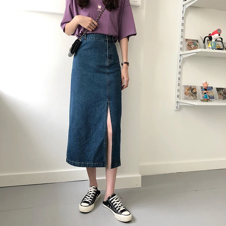 black skirt Ailegogo New Summer Female A Line Mid-Calf Denim Skirts Women Slim High Waist Split Length Skirts  Sizes Causal Jeans Skirts pleated midi skirt