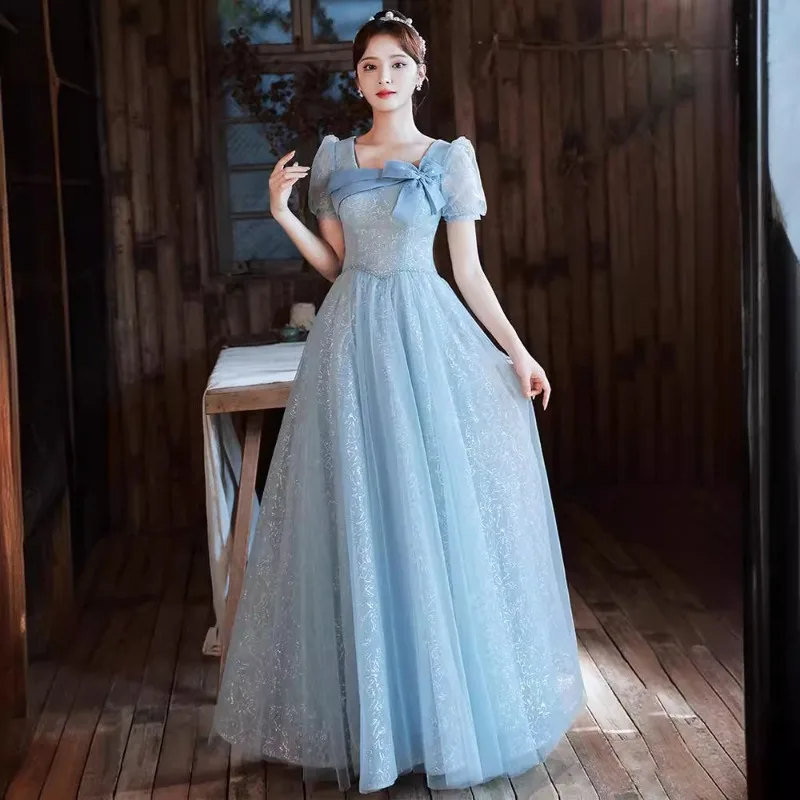 2025 nuevo vestido de noche morado con lazo azul de verano para