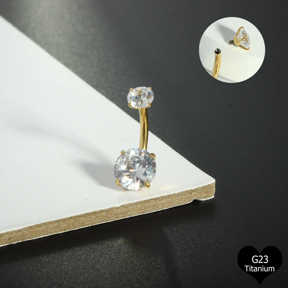 G23 Titanium Piercing 14G Belly CZ Button Ring Reverse Curved Navel Ring Women Bar Length Barbell Piercing Body Jewelry Earrings