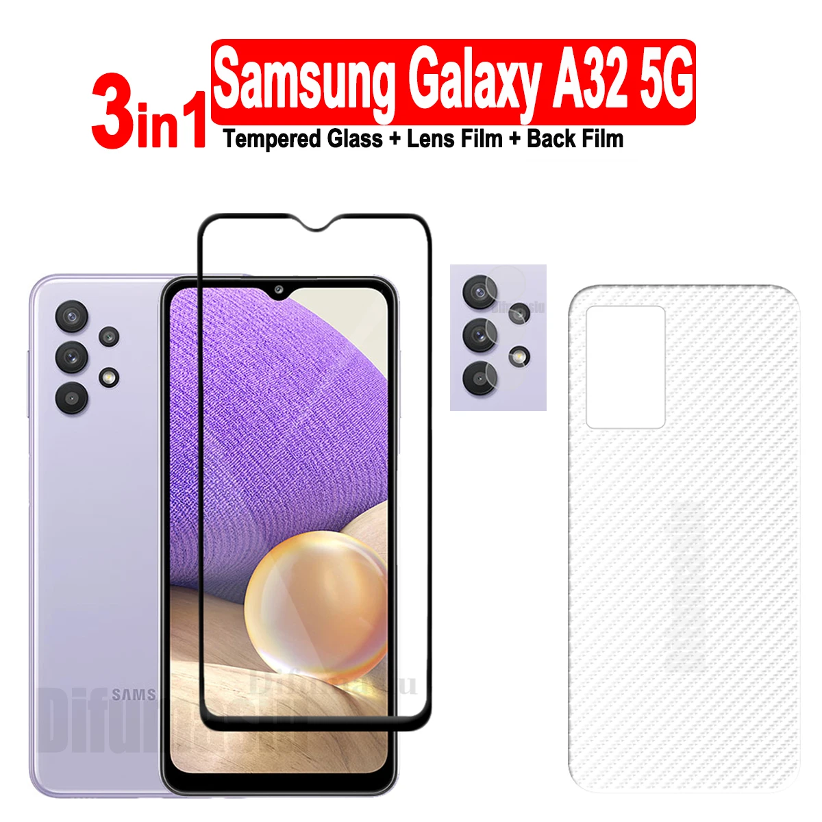 3in1 For Samsung Galaxy A32 5G Tempered Glass Screen Protectors + Soft Back Film + Soft Camera Lens Film