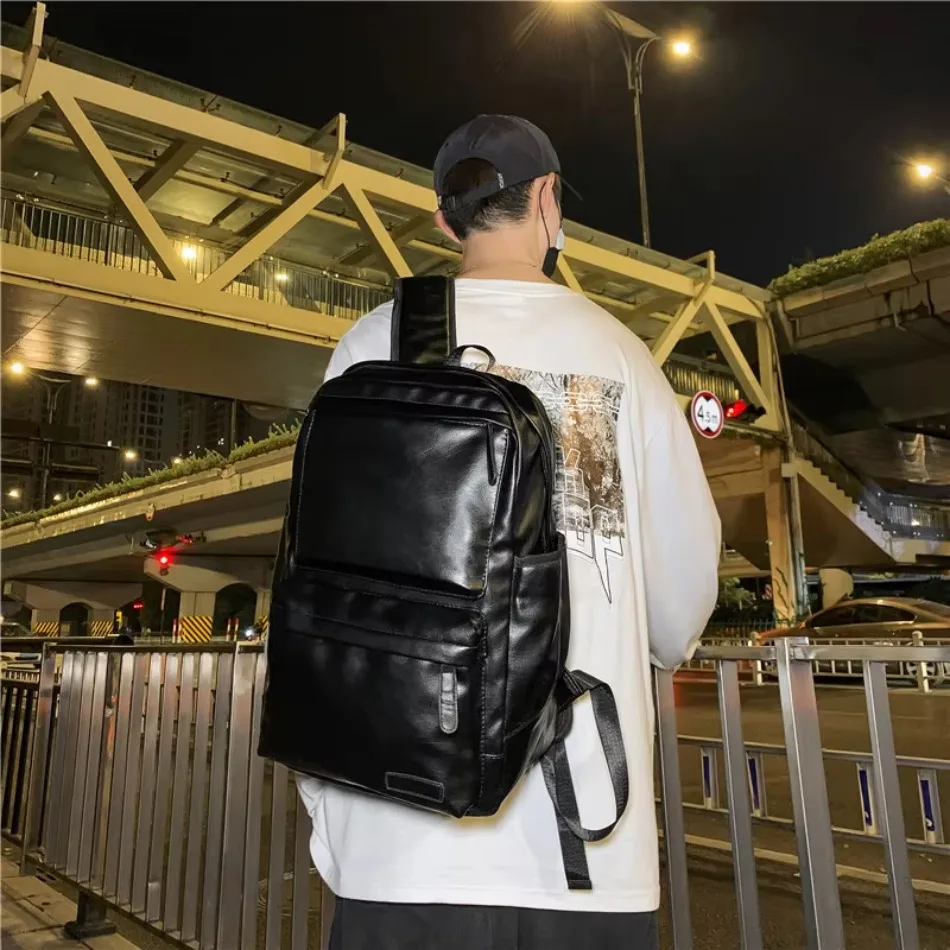 Men Laptop Backpack Large Leather Waterproof Travel Rucksack School Black Bag Soft New Adjustable Straps Leather Backpacks