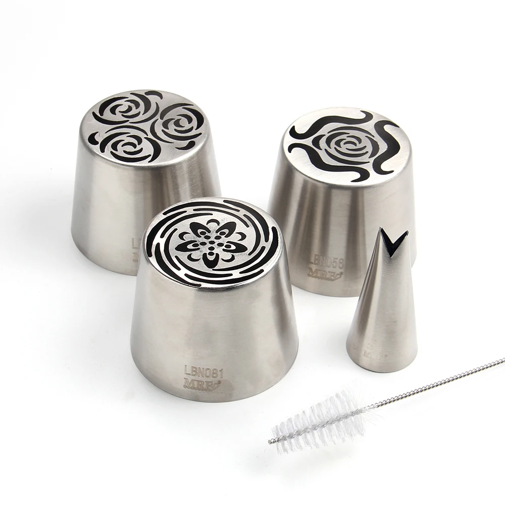 3 PCS Stainless Steel XL Russian Icing Nozzles Pastry Baking Tools Kit 1PCS Leaf Tip & Brush