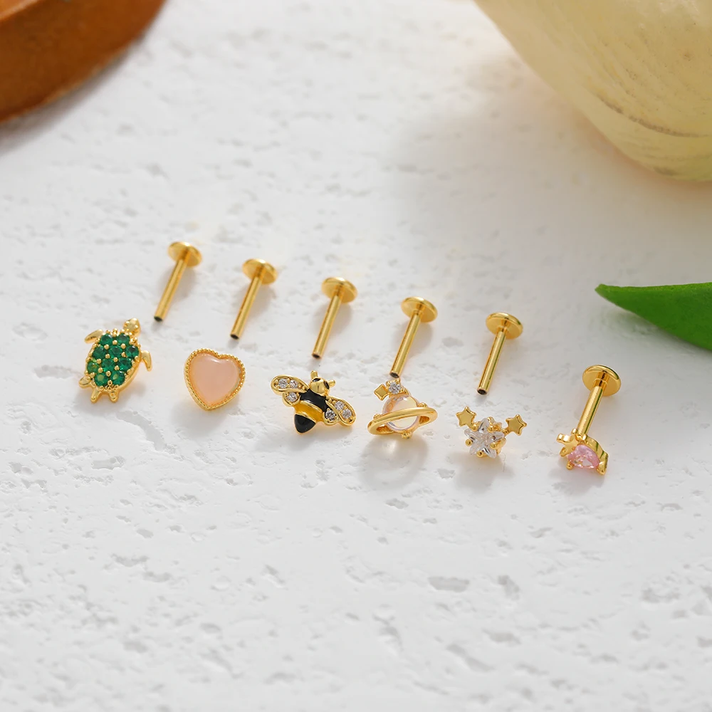 Fashion Pink Love Heart Zircon Navel Piercing Mini Sea Turtle Bee Natural Stone Lip Punching Stud Earring for Women Punk Jewelry