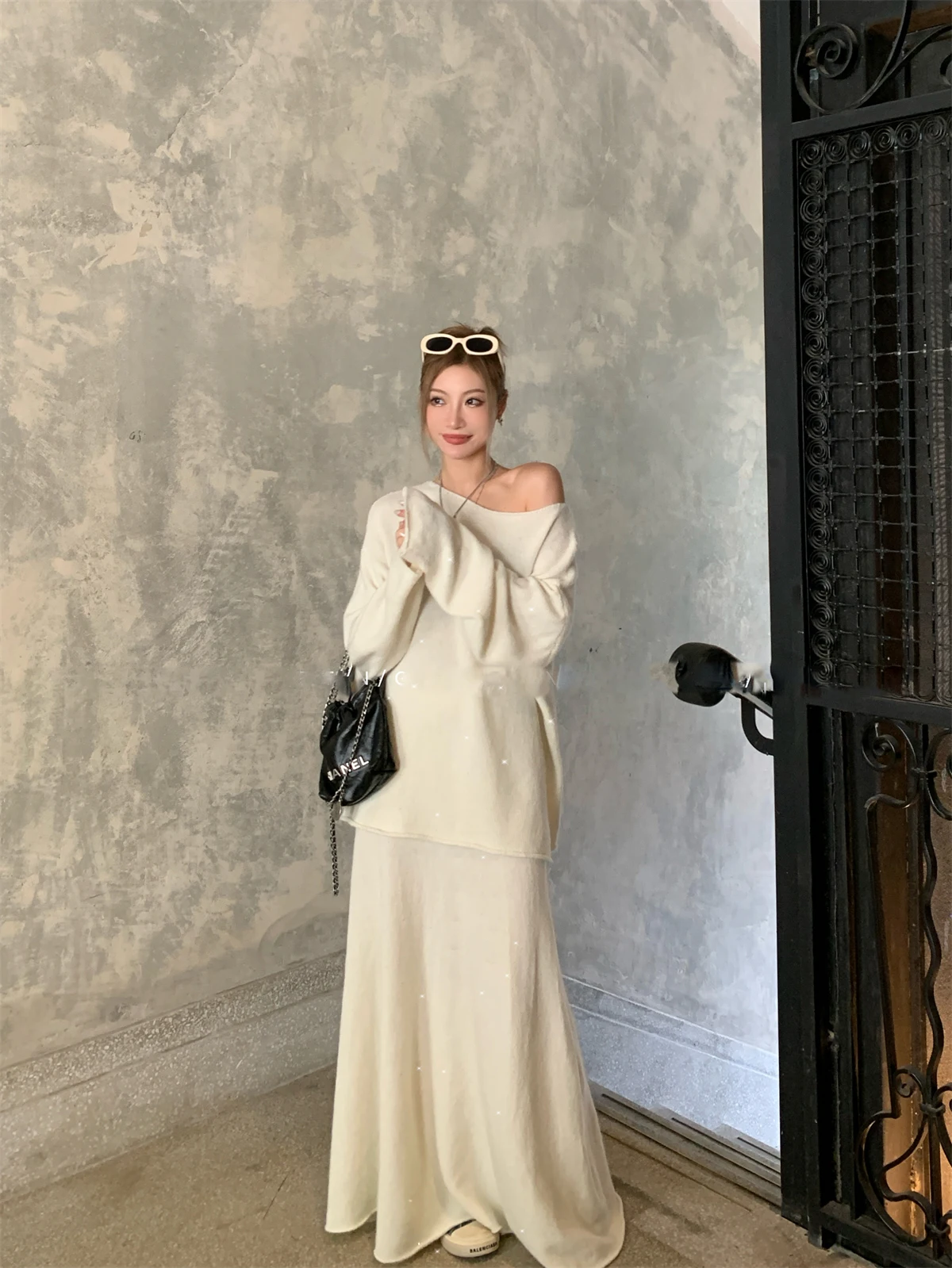 Sexy Soft Elegant Vintage Women Suits 2 Pieces Female Sets Slash Neck Sweater & Midi Dress Bling Knitted TrackSuit