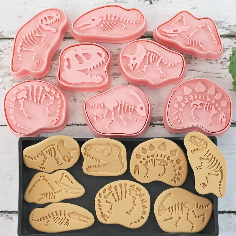 8 Pcs/set Dinosaur fossil Cookie Cutters cookie cutter baking mold cookie mould Plastic 3D Cartoon Pressable Biscuit Mold Cookie Stamp Kitchen Baking Pastry Bakeware