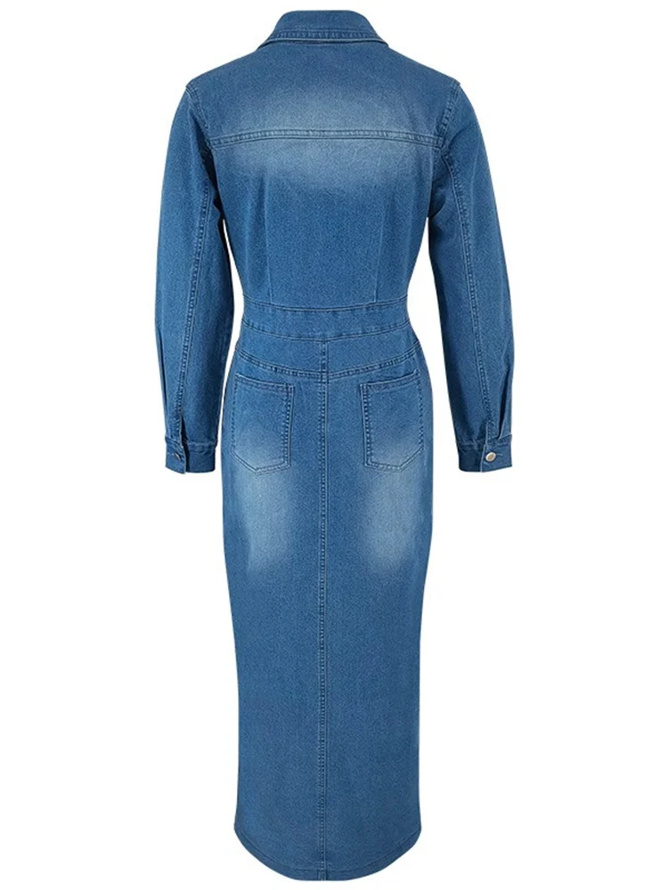 Wmstar Denim Dress Women Casual Button Bodycon Slip Hem Pockets Long Dresses Fashion Streetwear Wholesale Dropshipping New Style
