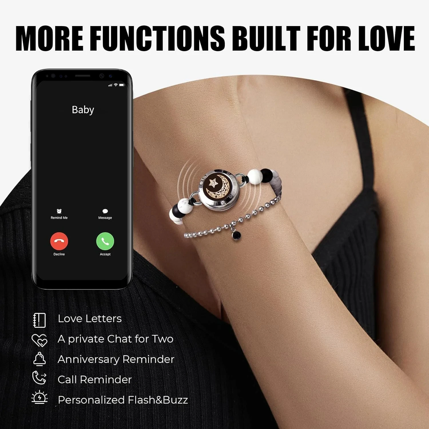 TOTWOO 여자 친구를위한 장거리 팔찌 진동 및 조명 팔찌, 장거리 선물 Bluetooth 스마트 페어링 쥬얼리