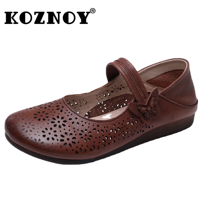 

Koznoy 1.5cm Genuine Leather Hollow Novelty Ethnic Women Moccassin Soft Soled Flats Hook Loafers Summer Round Toe Comfy Shoes