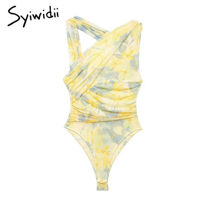 Syiwidii 여성용 레오파드 무늬 바디수트, 섹시한 비대칭 플리츠 민소매 점프수트, 슬림 여성 롬퍼, 여름 해변