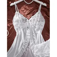 Un ensemble de chemise de nuit Ultra Sexy en Tulle, soutien-gorge à col en v, jupe de nuit ouverte, robe érotique pour femme, pyjama transparent, pantalon de Lingerie, kit de luxe 3