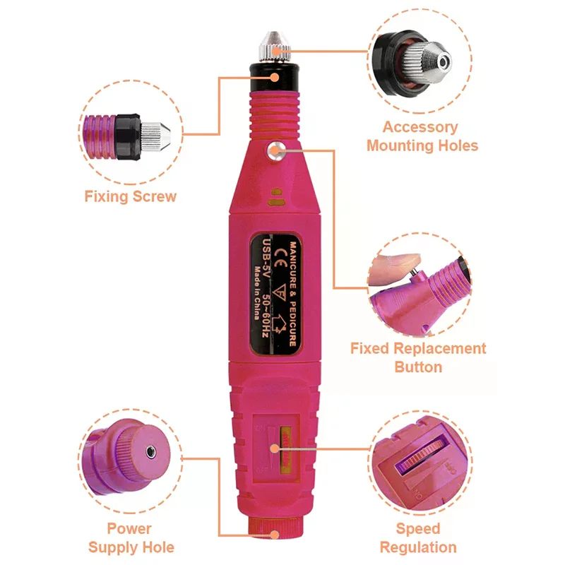 Electric Nail Drill Machine Set,Professional Manicure & Pedicure Kit With 6 Drill Bits, USB Rechargeable & Adjustable Speed